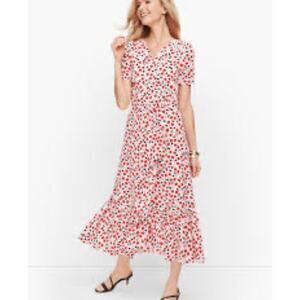 Talbots Midi Dress 6P Faux Wrap Floral Red Tulip Cottagecore Boho V-Neck Chiffon